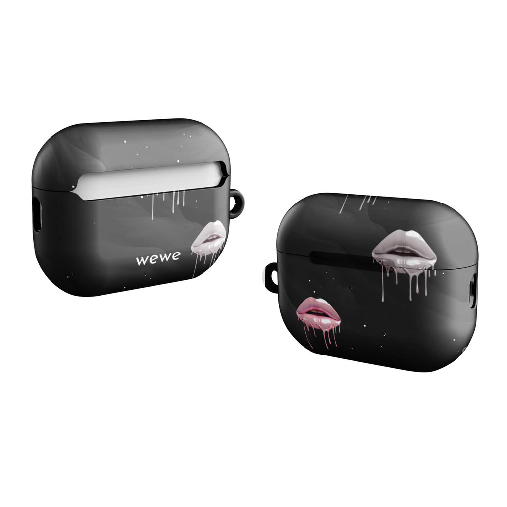 Custom AirPods case pro gen2 with a black galaxy background and three sets of dripping lips in gray and pink.