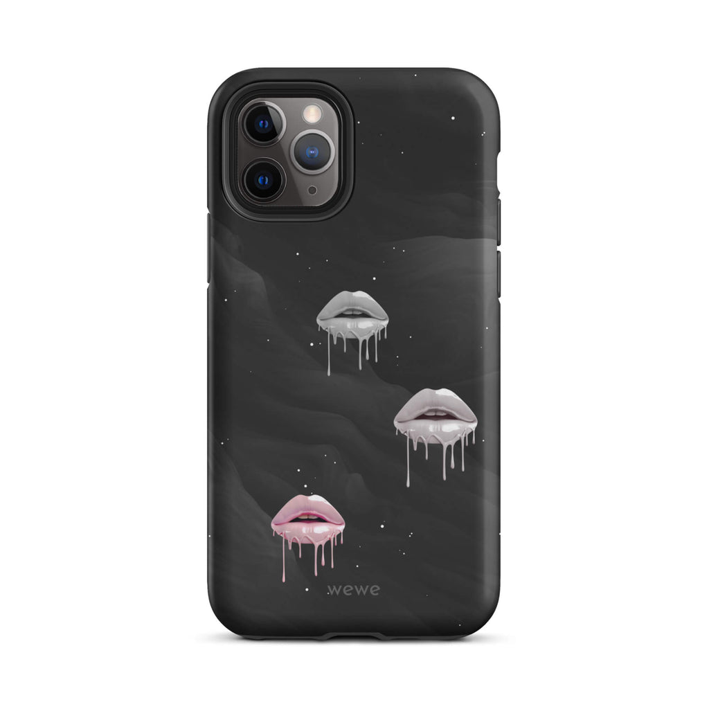 Custom iPhone case 11 pro with a black galaxy background and three sets of dripping lips in gray and pink.