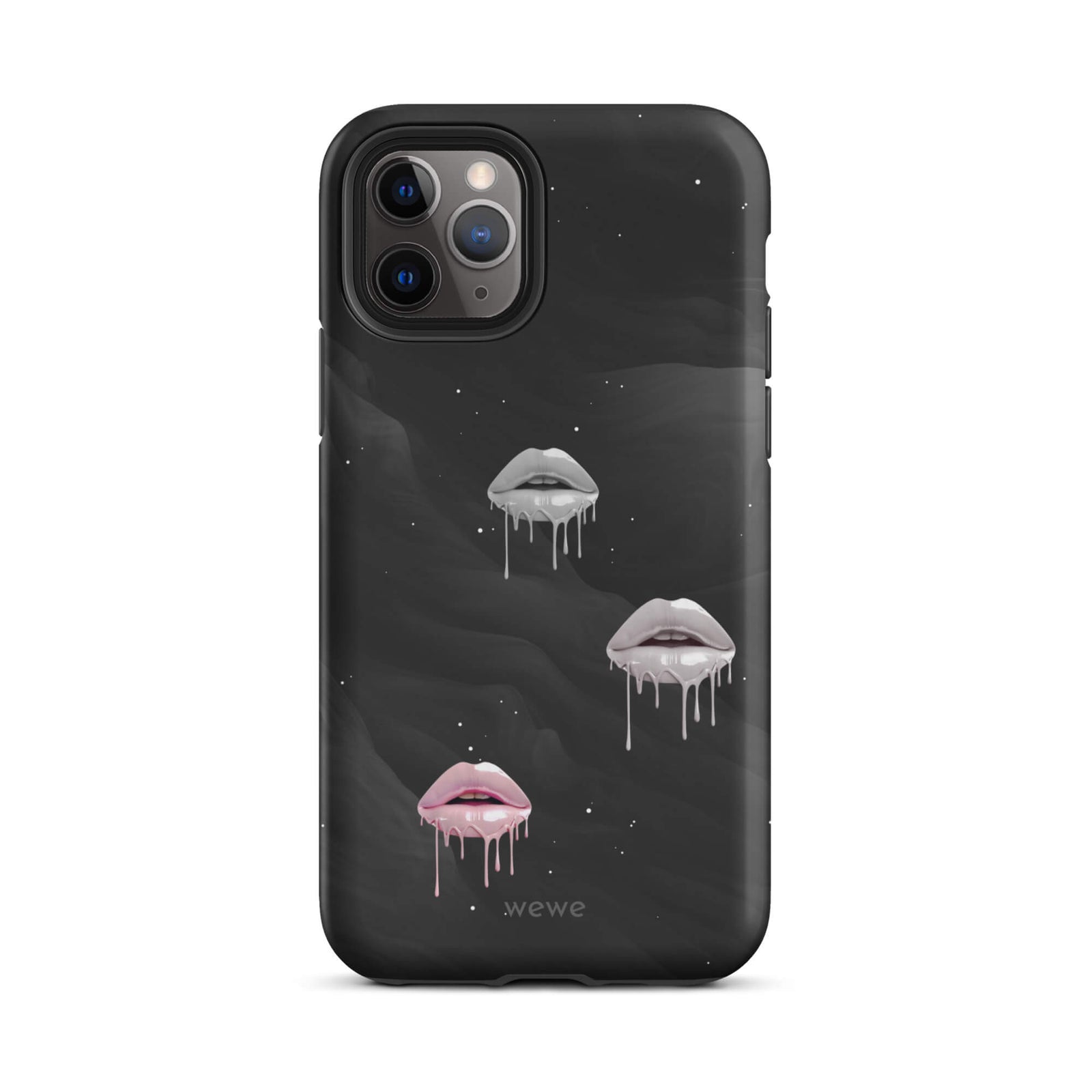 Custom iPhone case 11 pro with a black galaxy background and three sets of dripping lips in gray and pink.