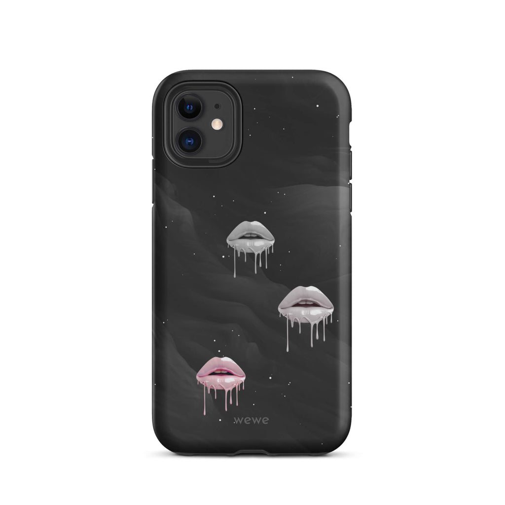 Custom iPhone case 11 with a black galaxy background and three sets of dripping lips in gray and pink.