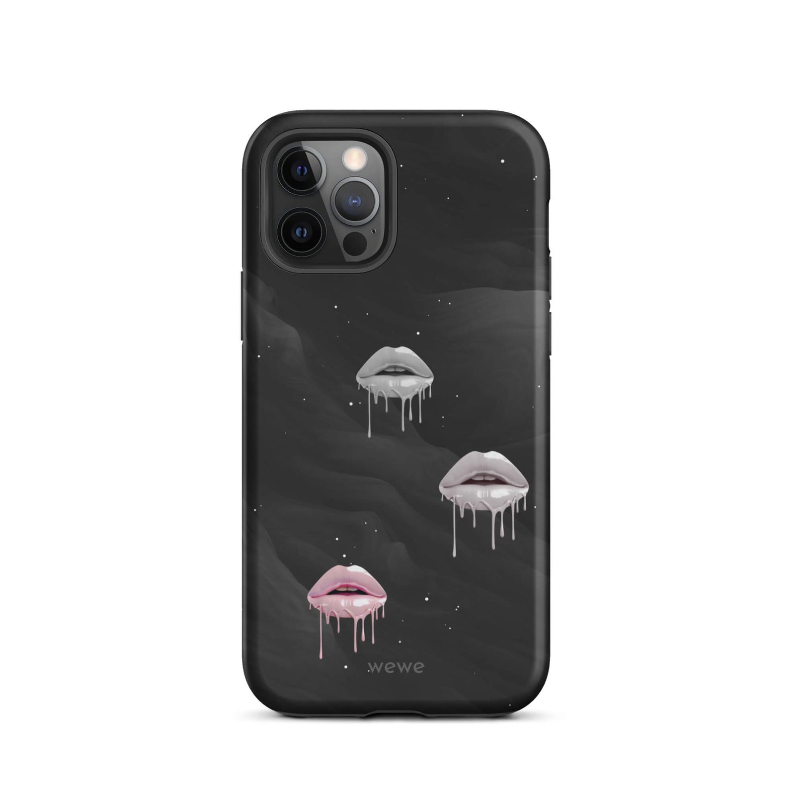 Custom iPhone case 12 pro with a black galaxy background and three sets of dripping lips in gray and pink.