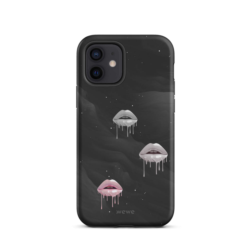 Custom iPhone case 12 with a black galaxy background and three sets of dripping lips in gray and pink.