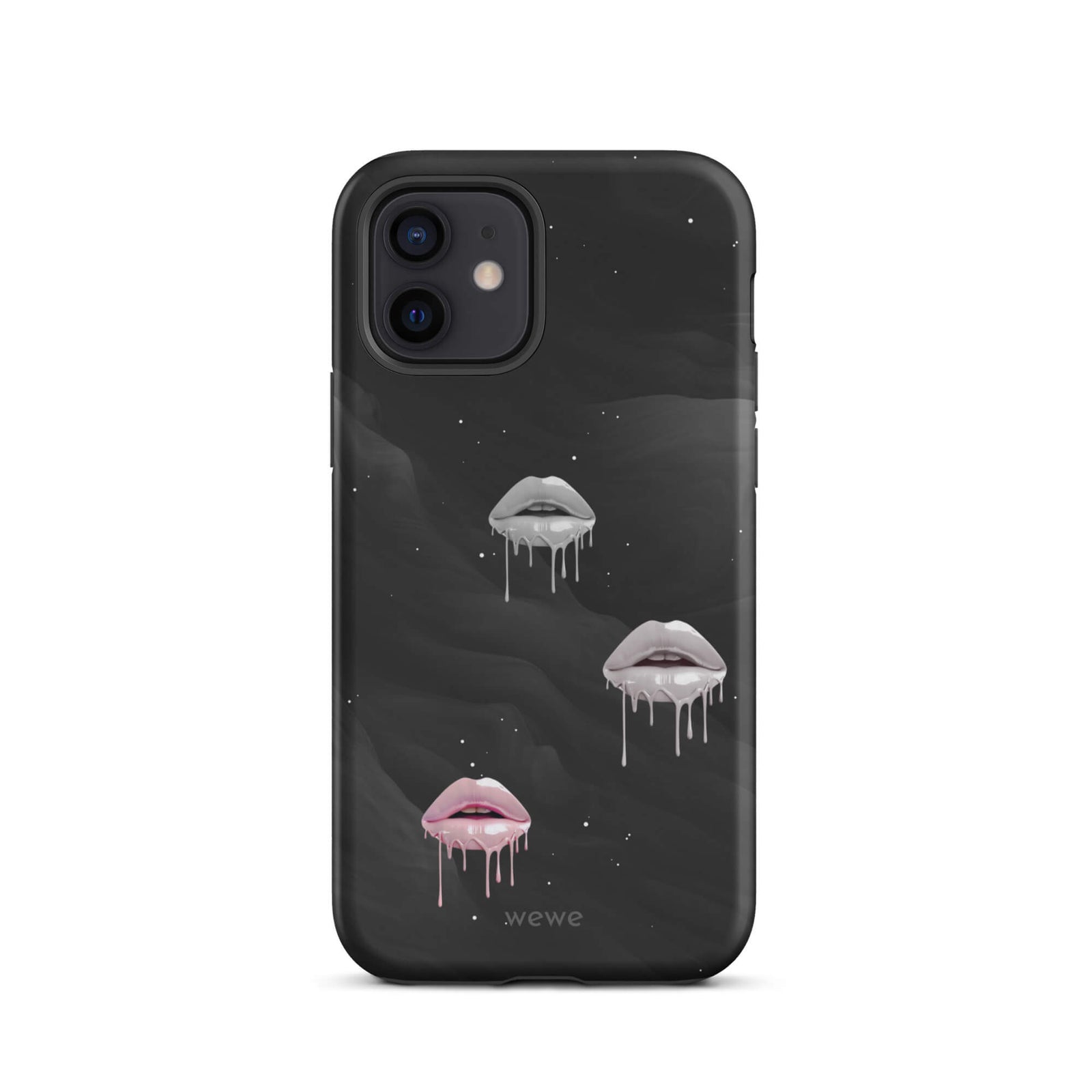 Custom iPhone case 12 with a black galaxy background and three sets of dripping lips in gray and pink.