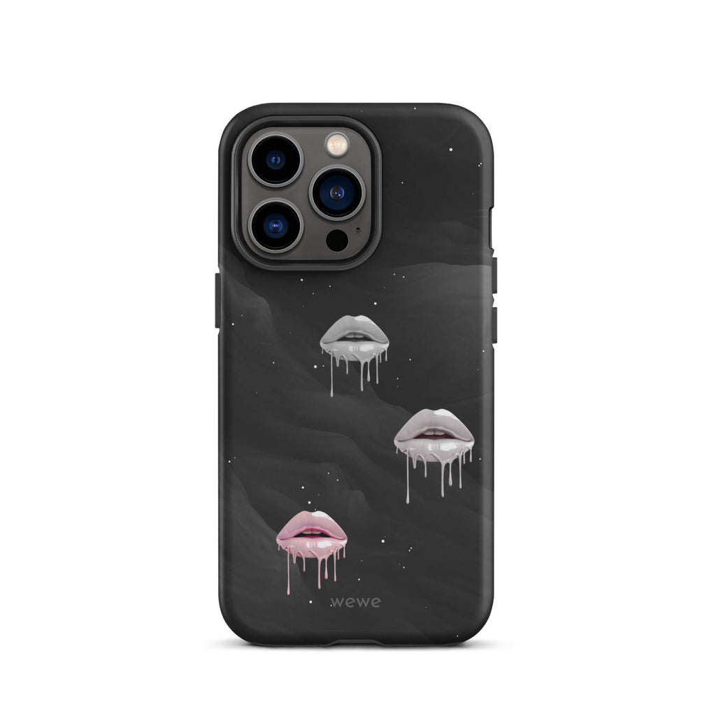 Custom iPhone case 13 pro with a black galaxy background and three sets of dripping lips in gray and pink.