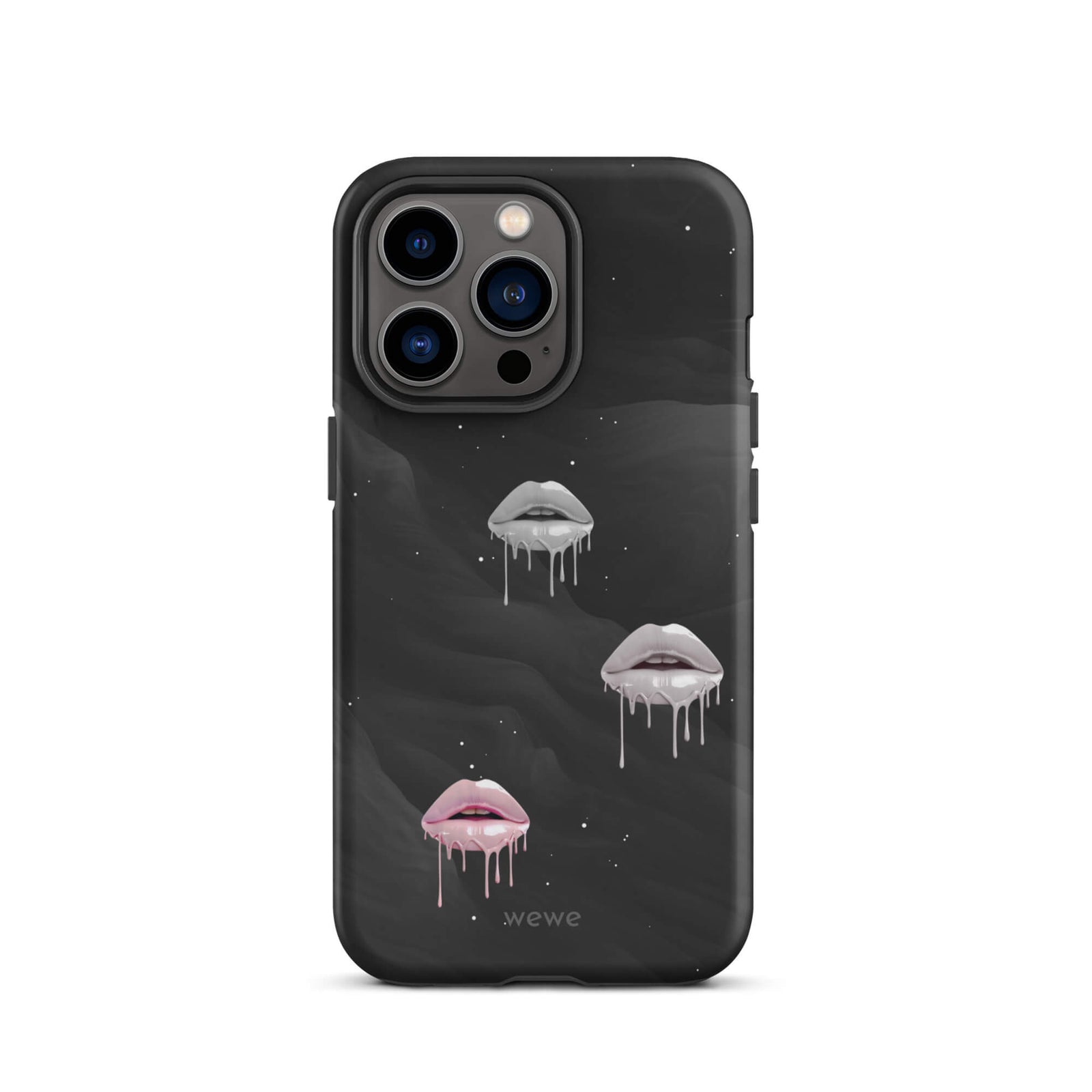 Custom iPhone case 13 pro with a black galaxy background and three sets of dripping lips in gray and pink.