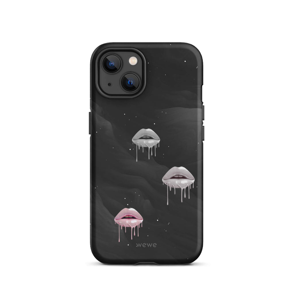 Custom iPhone case 13 with a black galaxy background and three sets of dripping lips in gray and pink.
