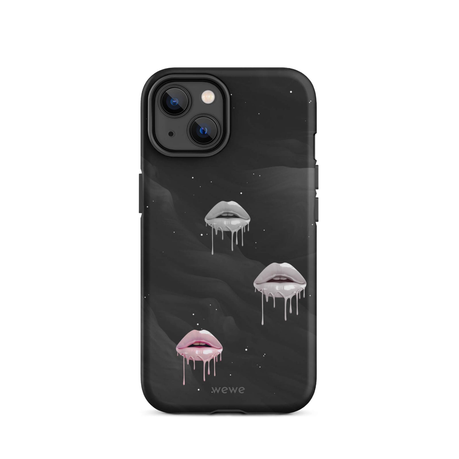 Custom iPhone case 14 with a black galaxy background and three sets of dripping lips in gray and pink.