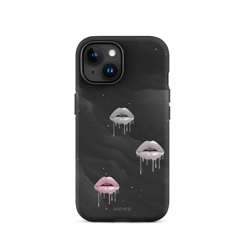 Custom iPhone case 15 with a black galaxy background and three sets of dripping lips in gray and pink.