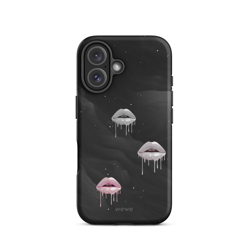 Custom pure mood iPhone case 16 playful lip graphic.