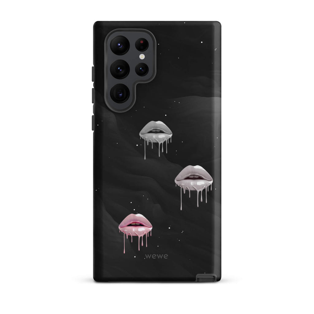Custom samsung galaxy s22 ultra Phone case with a black galaxy background and three sets of dripping lips in gray and pink.