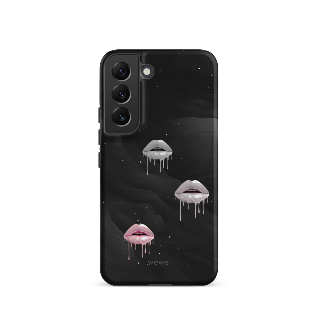 Custom samsung galaxy s22 Phone case with a black galaxy background and three sets of dripping lips in gray and pink.