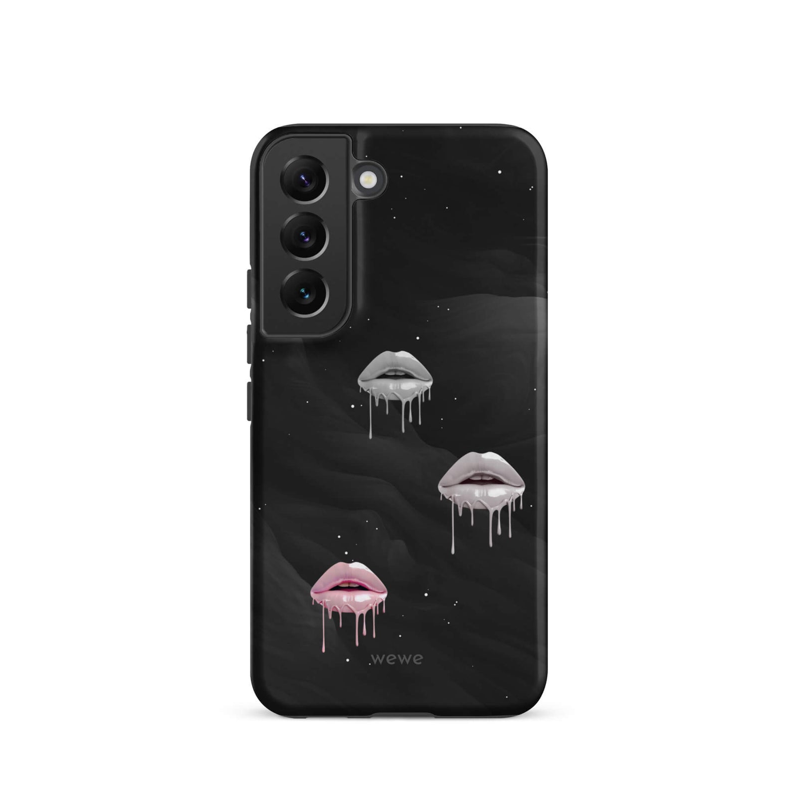 Custom samsung galaxy s22 Phone case with a black galaxy background and three sets of dripping lips in gray and pink.