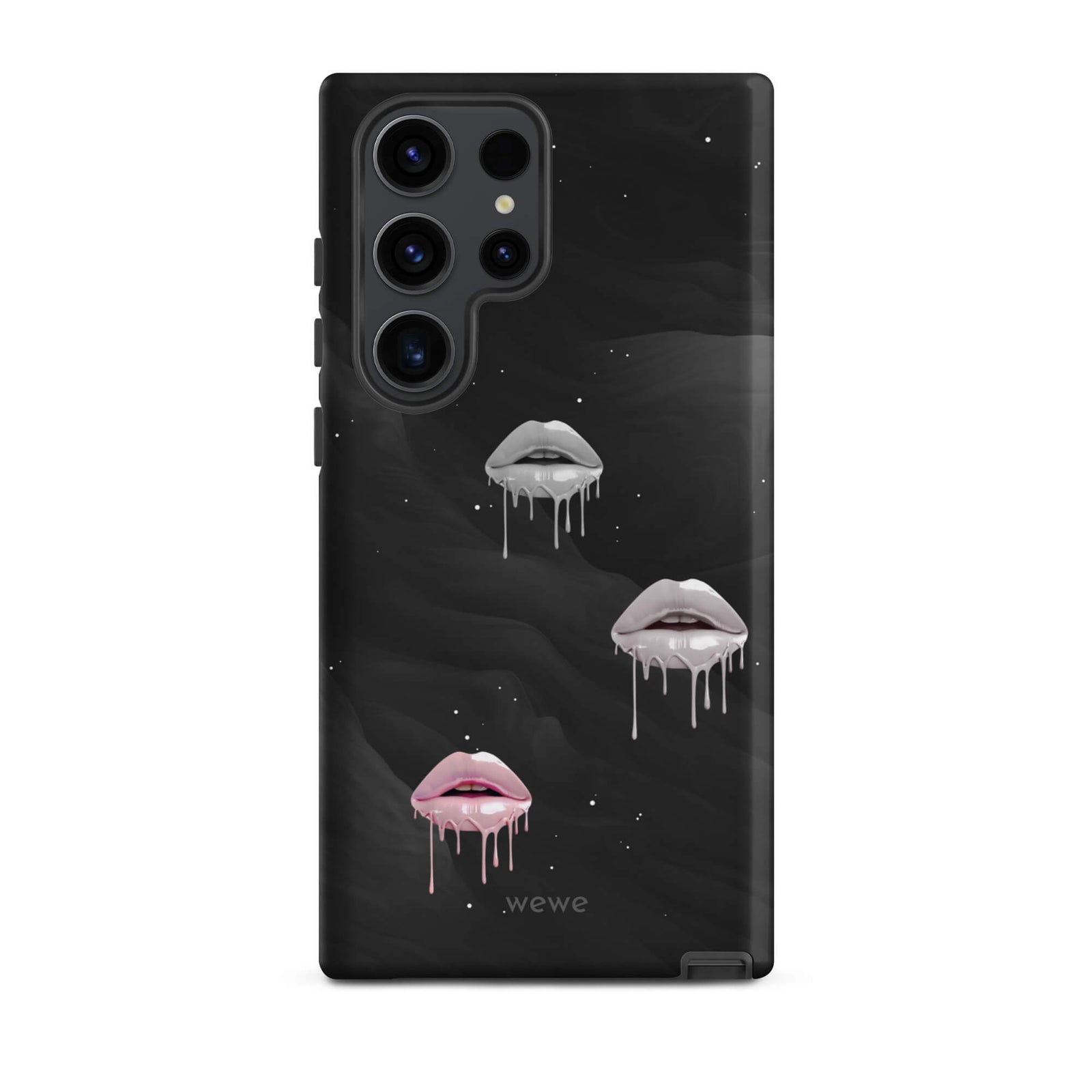 Custom samsung galaxy s23 ultra Phone case with a black galaxy background and three sets of dripping lips in gray and pink.