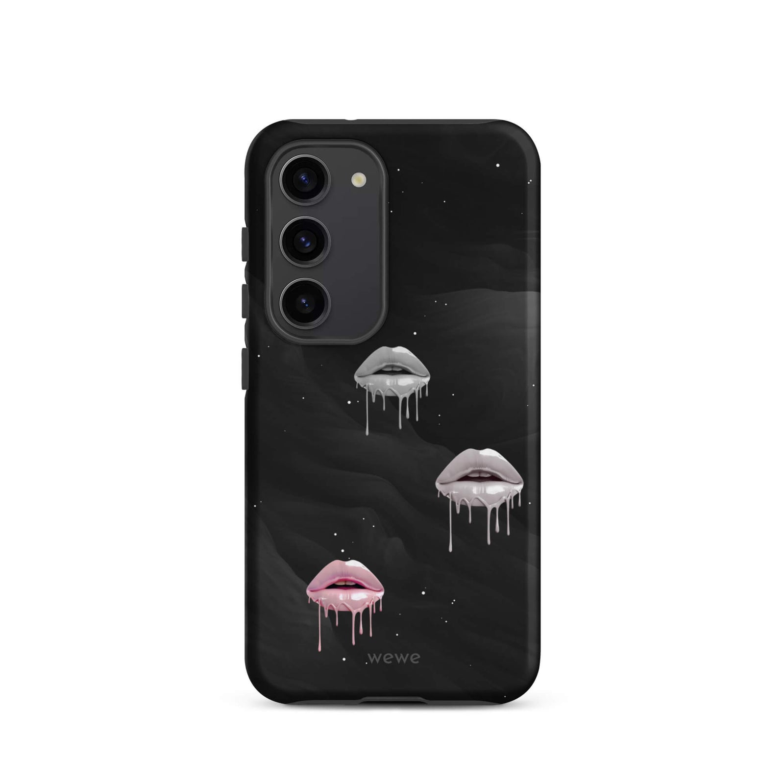 Custom samsung galaxy s23 Phone case with a black galaxy background and three sets of dripping lips in gray and pink.