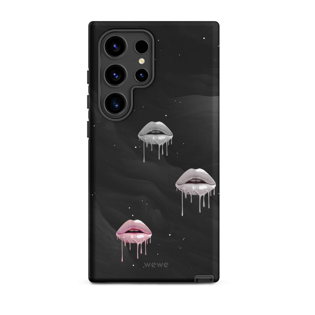 Custom samsung galaxy s24 ultra Phone case with a black galaxy background and three sets of dripping lips in gray and pink.