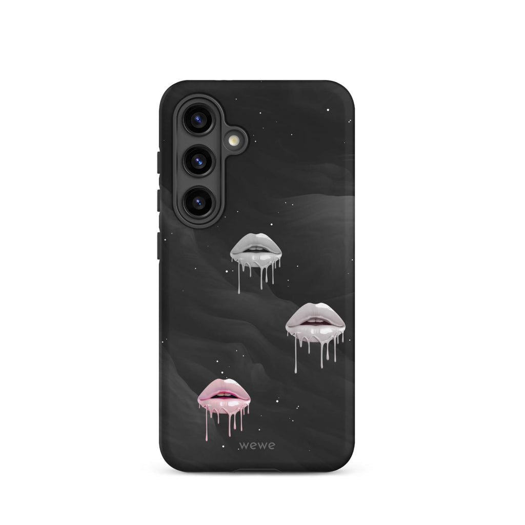 Custom samsung galaxy s24 Phone case with a black galaxy background and three sets of dripping lips in gray and pink.