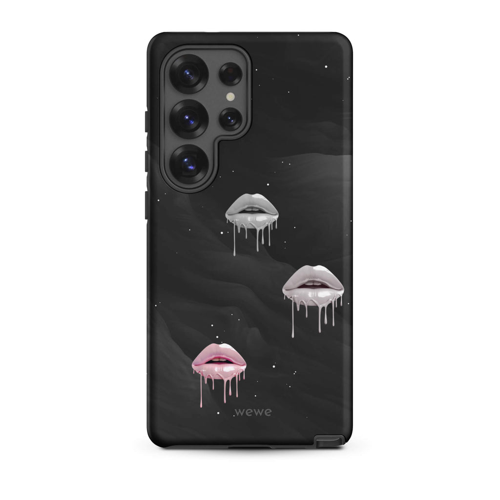 Custom samsung galaxy s25 ultra Phone case with a black galaxy background and three sets of dripping lips in gray and pink.