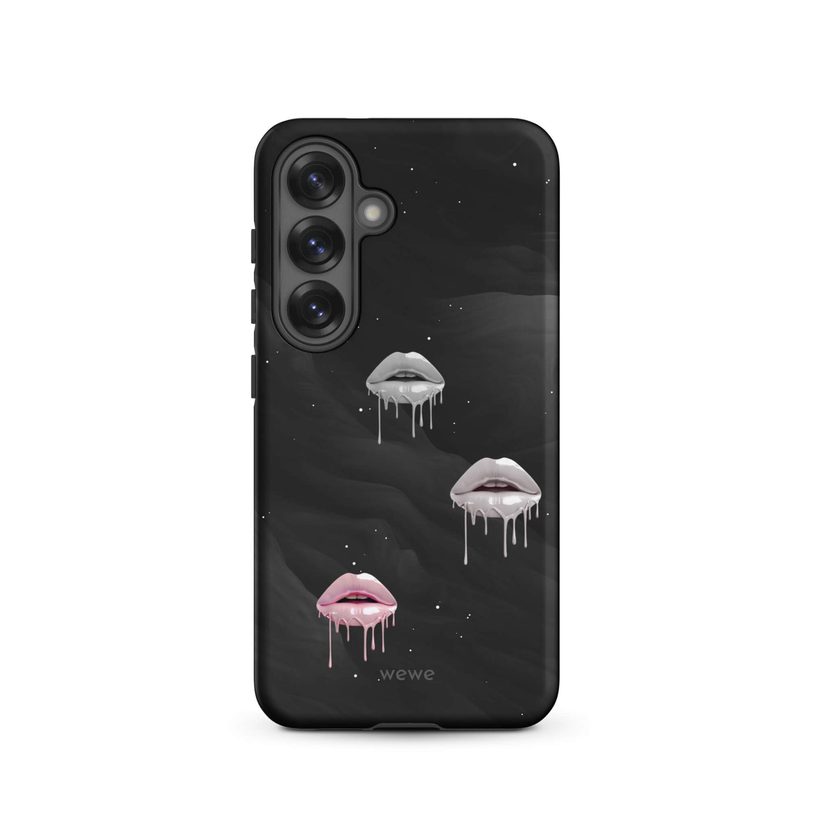 Custom samsung galaxy s25 Phone case with a black galaxy background and three sets of dripping lips in gray and pink.