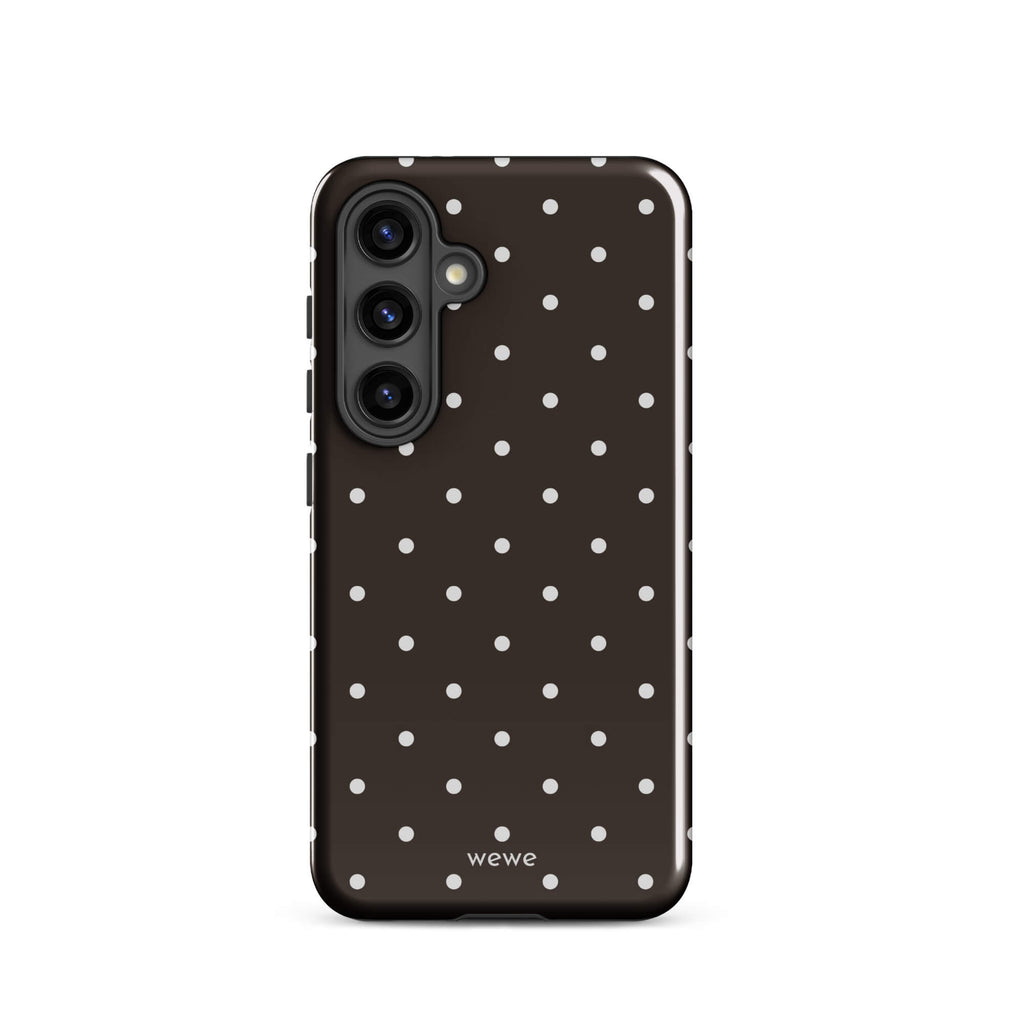 Espresso brown iPhone case with evenly spaced cream-white mini polka dots