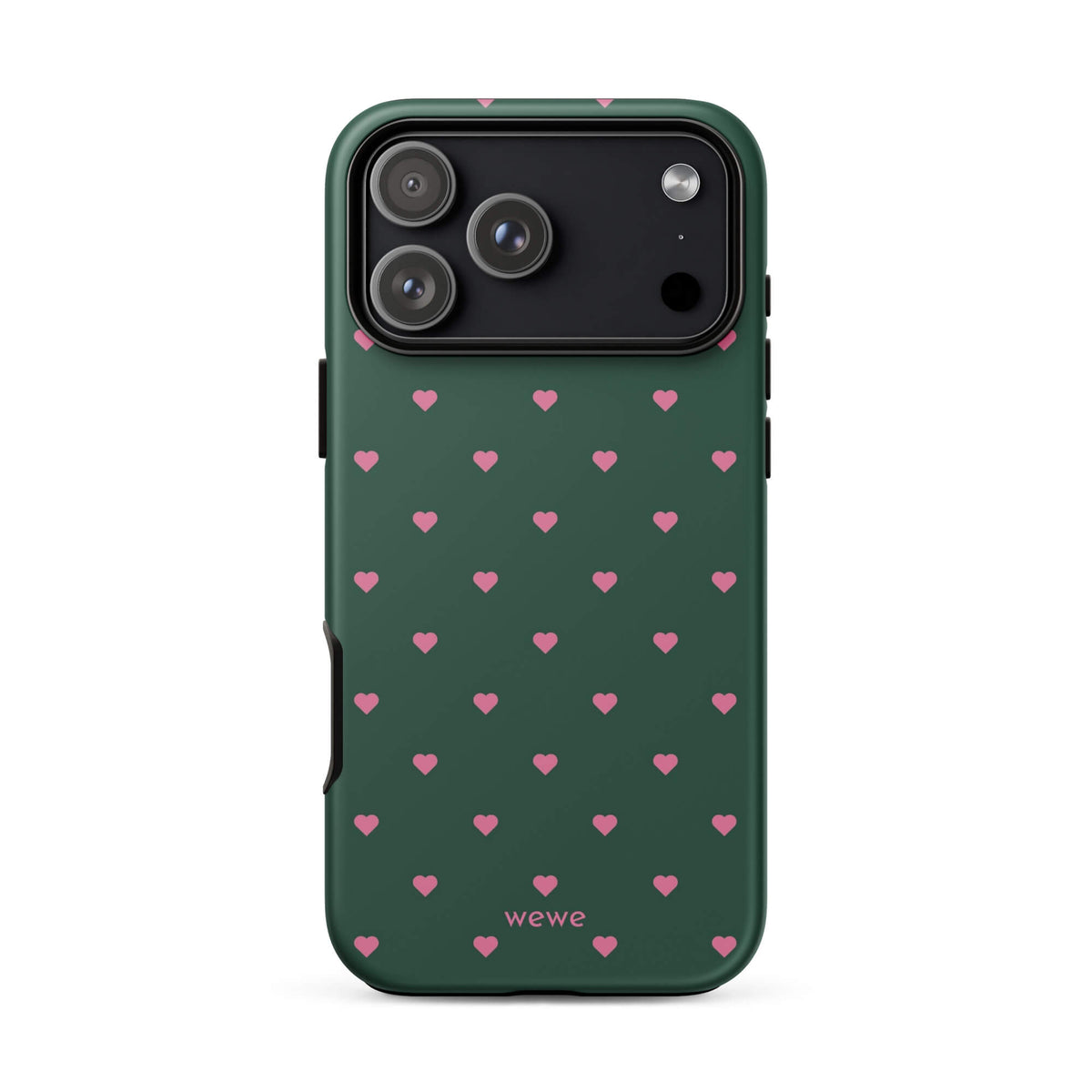 Deep forest-green iPhone case with evenly spaced vivid-pink mini hearts