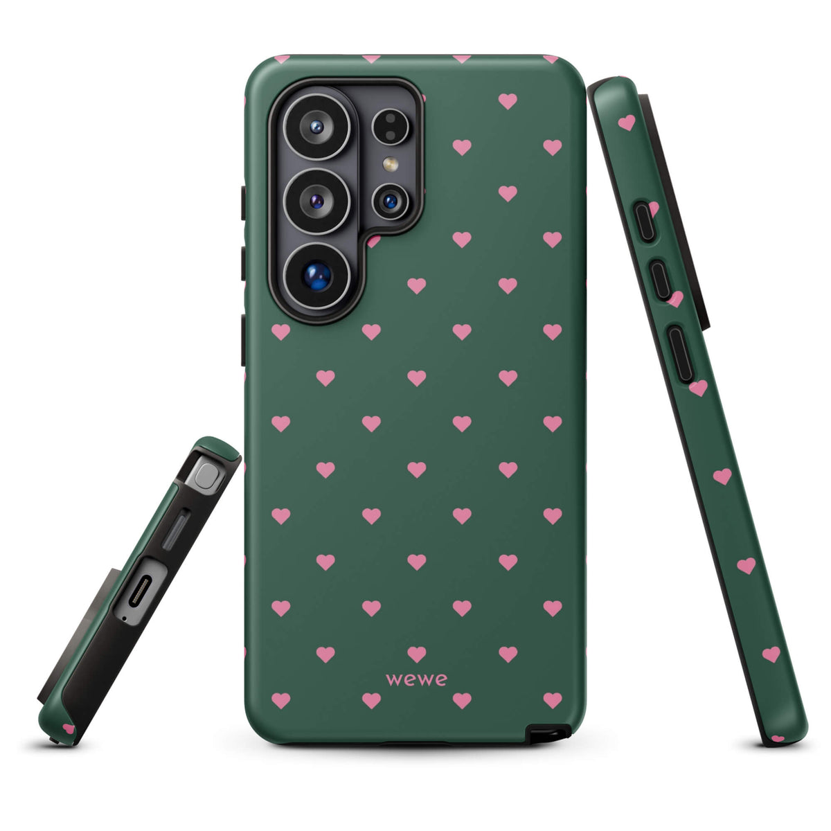 Deep forest-green iPhone case with evenly spaced vivid-pink mini hearts
