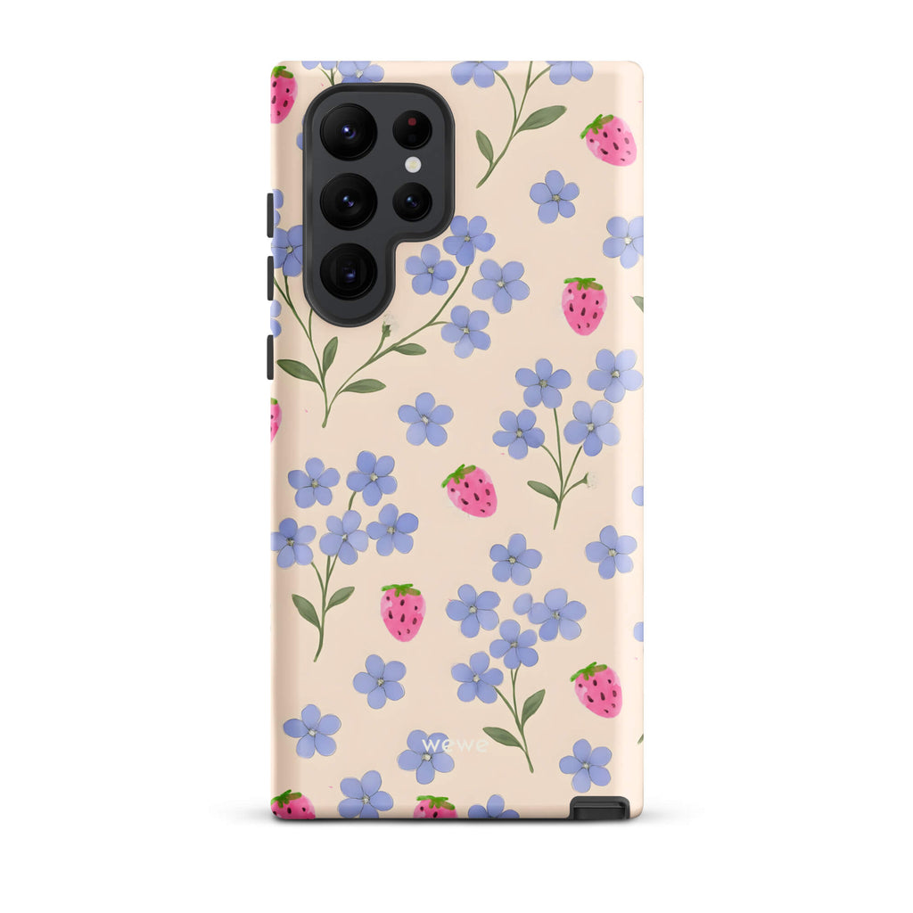 Custom samsung galaxy s22 ultra  Phone case with a cute and whimsical pattern of watercolor blue forget-me-not flowers and pink strawberries on a light cream background.