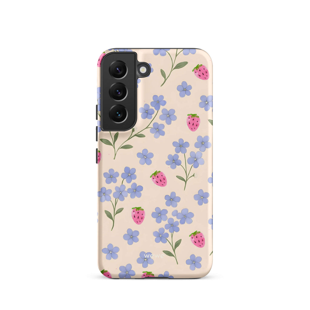 Custom samsung galaxy s22 Phone case with a cute and whimsical pattern of watercolor blue forget-me-not flowers and pink strawberries on a light cream background.