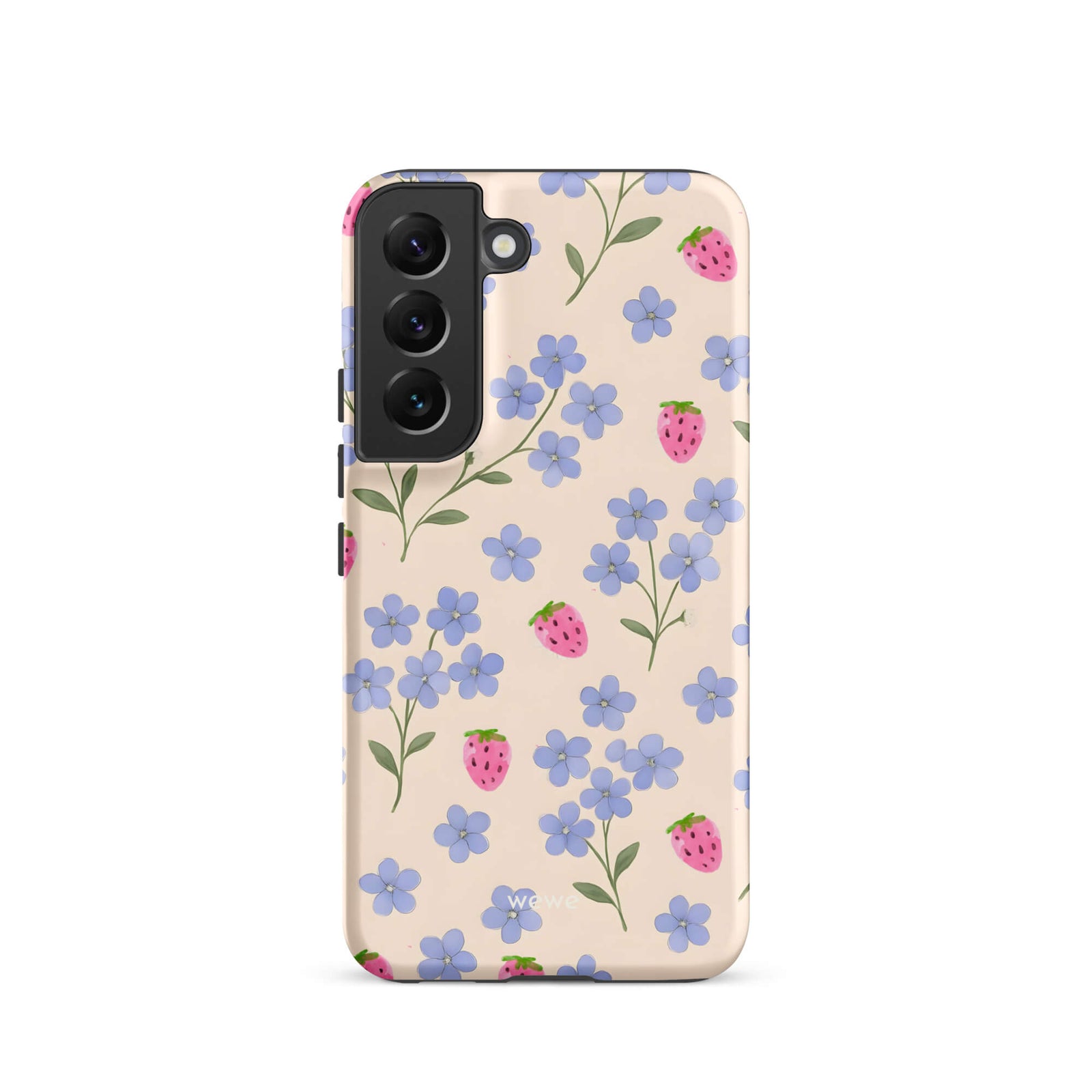 Custom samsung galaxy s22 Phone case with a cute and whimsical pattern of watercolor blue forget-me-not flowers and pink strawberries on a light cream background.