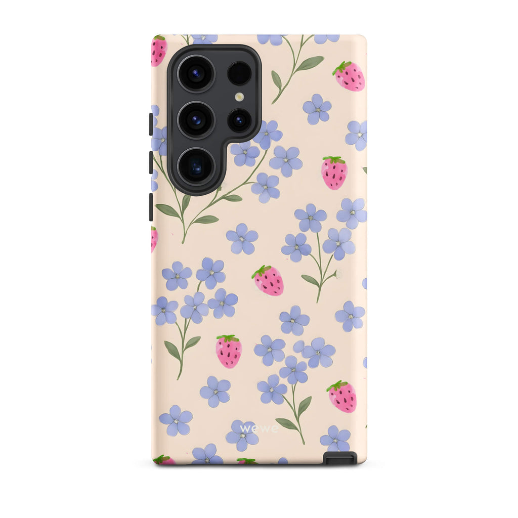 Custom samsung galaxy s23 ultra  Phone case with a cute and whimsical pattern of watercolor blue forget-me-not flowers and pink strawberries on a light cream background.