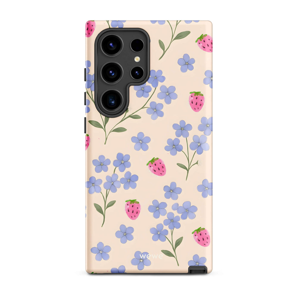 Custom samsung galaxy s24 ultra  Phone case with a cute and whimsical pattern of watercolor blue forget-me-not flowers and pink strawberries on a light cream background.