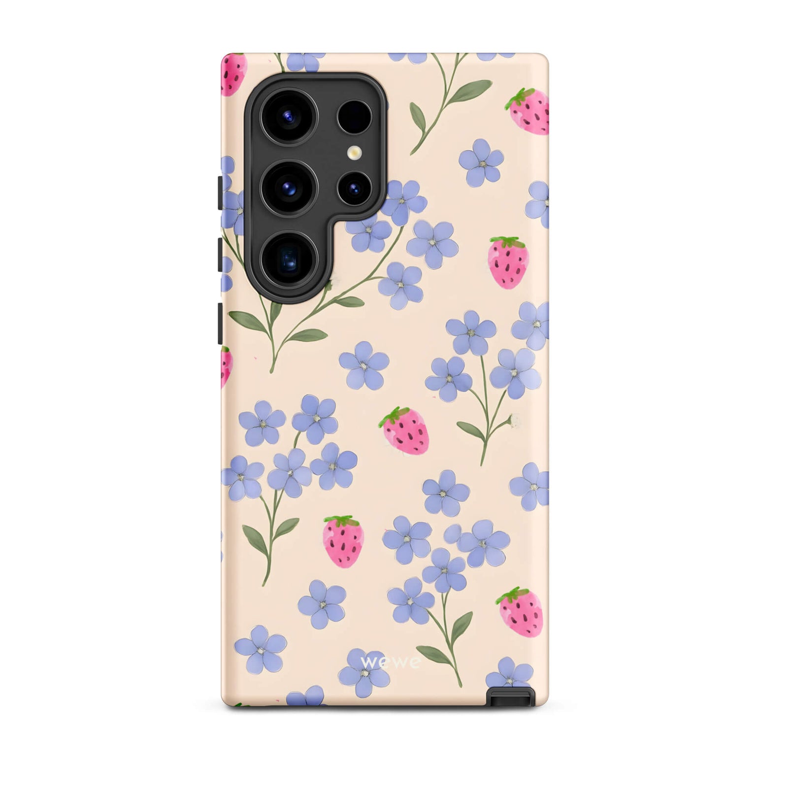 Custom samsung galaxy s24 ultra  Phone case with a cute and whimsical pattern of watercolor blue forget-me-not flowers and pink strawberries on a light cream background.