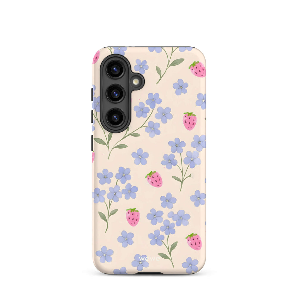 Custom samsung galaxy s24 Phone case with a cute and whimsical pattern of watercolor blue forget-me-not flowers and pink strawberries on a light cream background.