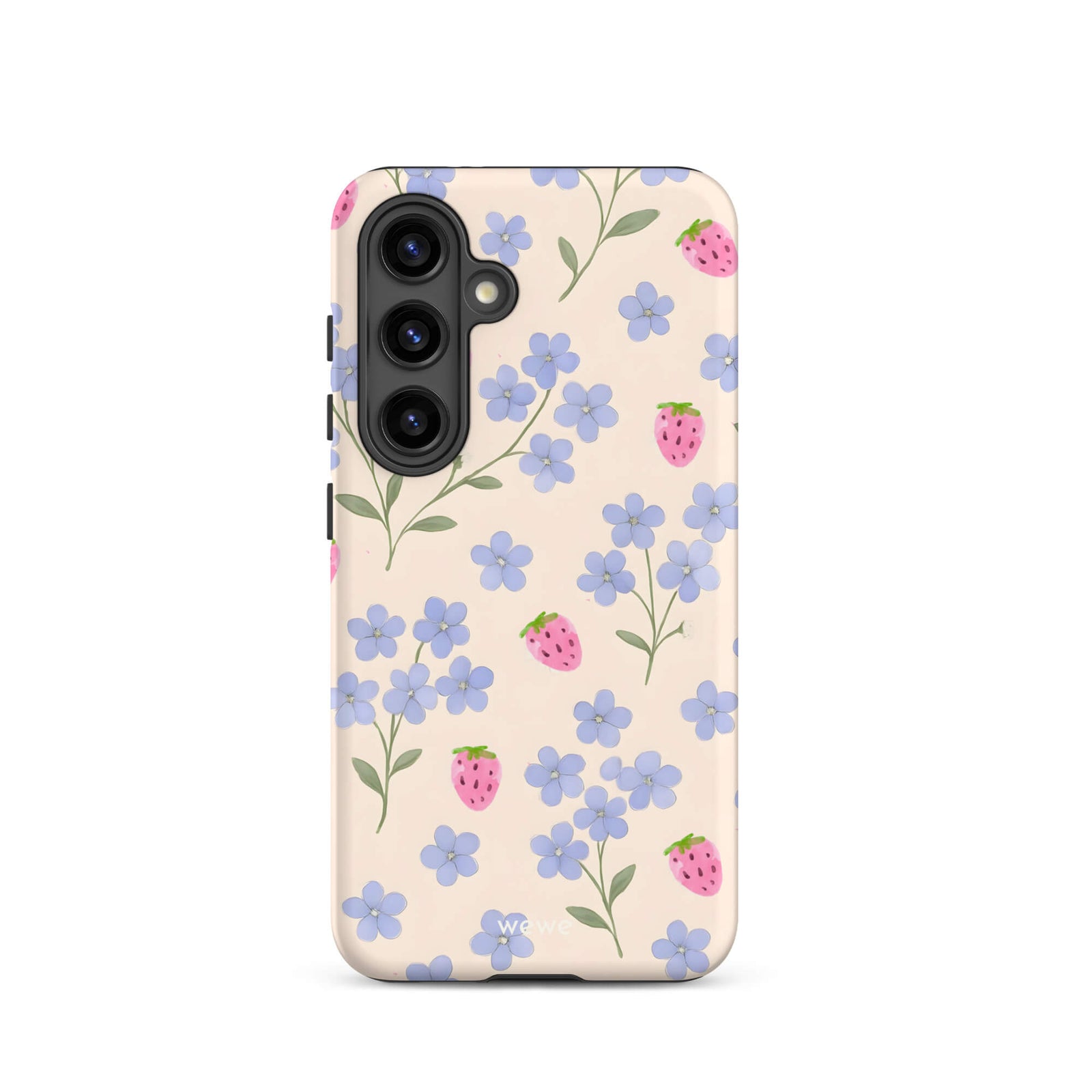Custom samsung galaxy s24 Phone case with a cute and whimsical pattern of watercolor blue forget-me-not flowers and pink strawberries on a light cream background.