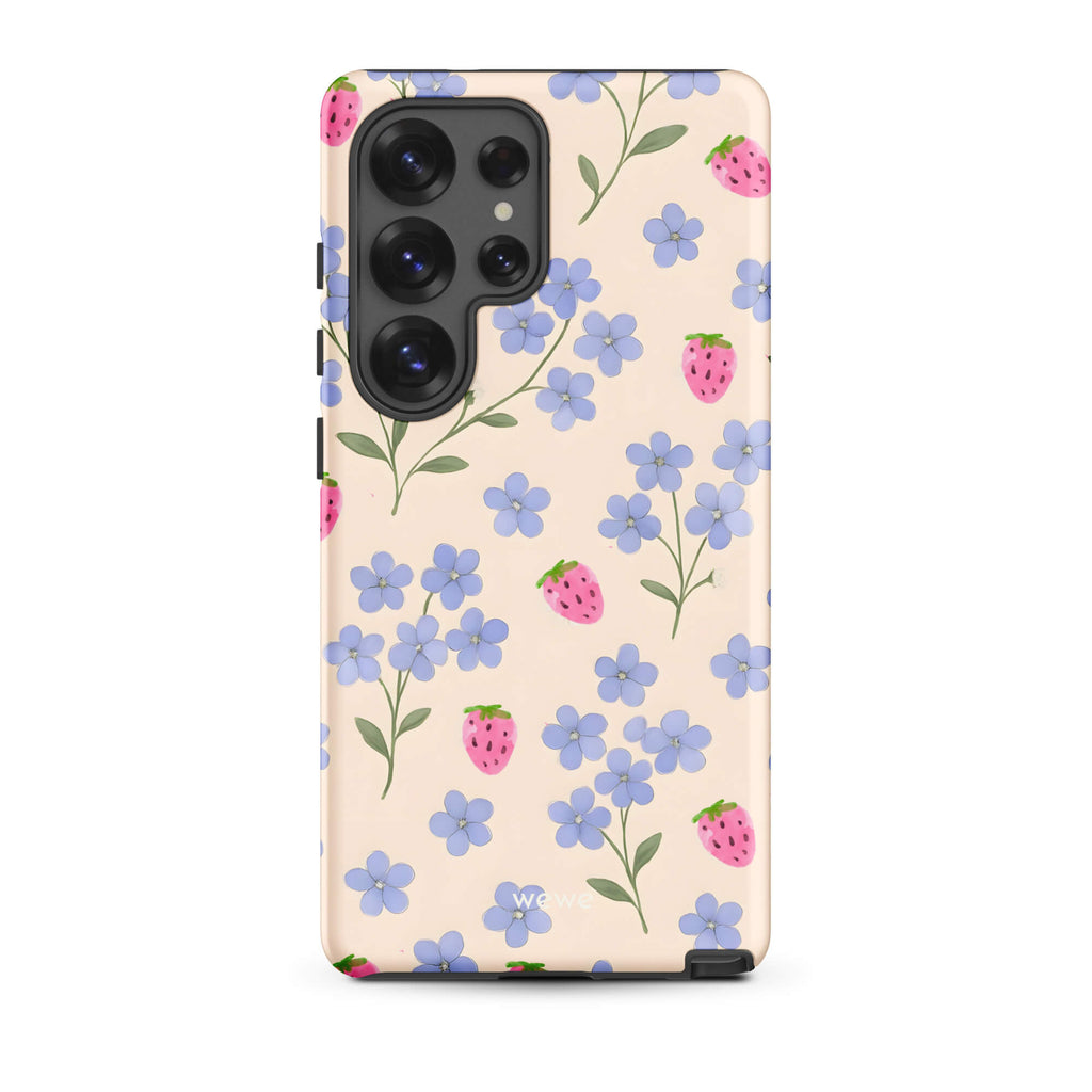 Custom samsung galaxy s25 ultra  Phone case with a cute and whimsical pattern of watercolor blue forget-me-not flowers and pink strawberries on a light cream background.