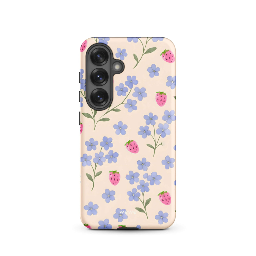 Custom samsung galaxy s25 Phone case with a cute and whimsical pattern of watercolor blue forget-me-not flowers and pink strawberries on a light cream background.