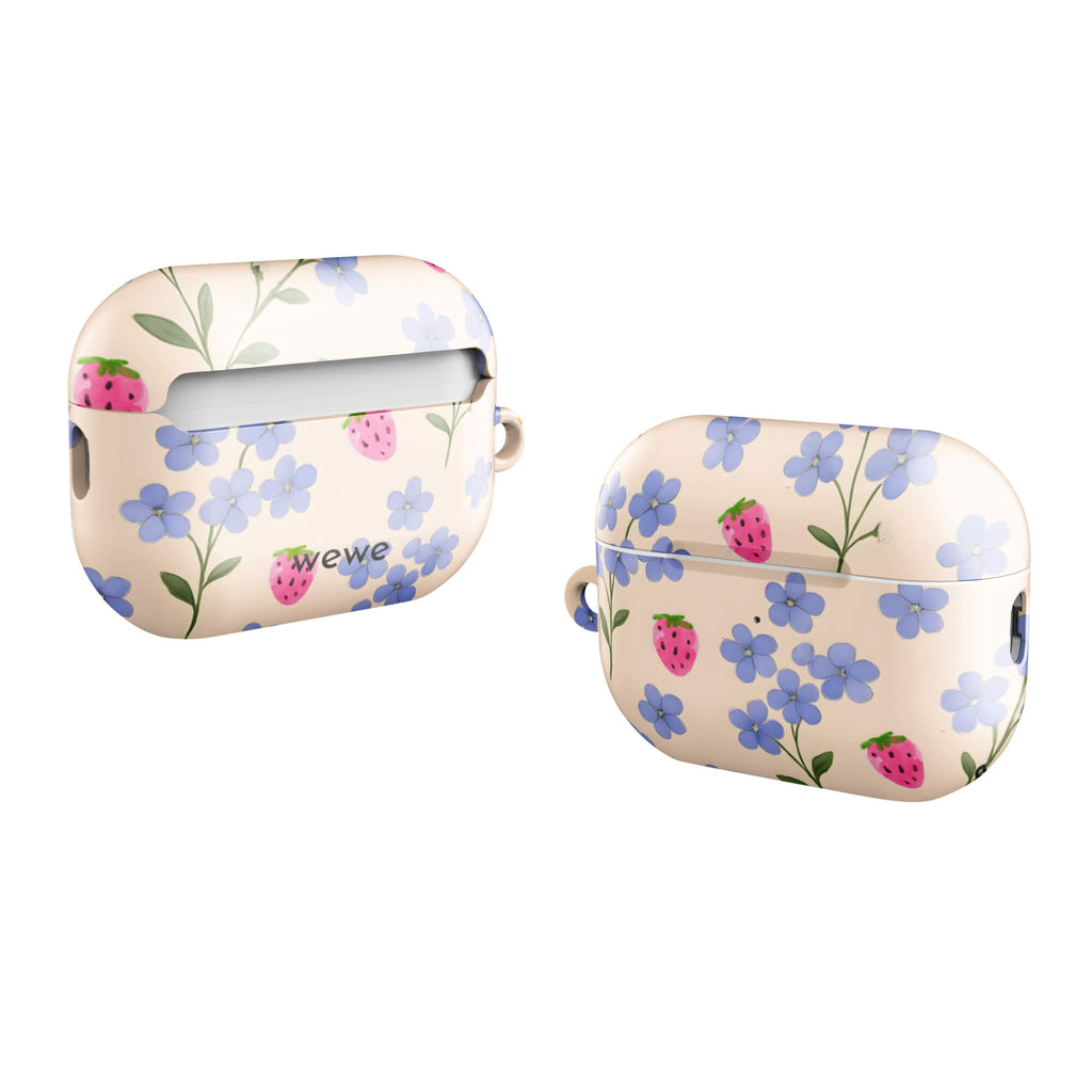 Custom AirPds case pro gen2 with a cute and whimsical pattern of watercolor blue forget-me-not flowers and pink strawberries on a light cream background.