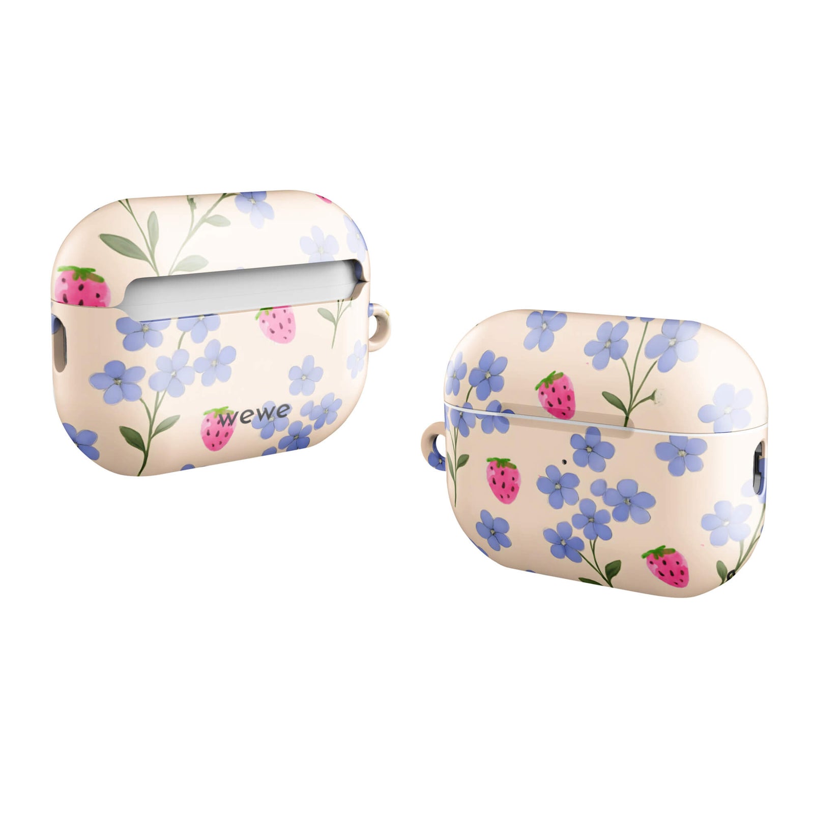 Custom AirPds case pro gen2 with a cute and whimsical pattern of watercolor blue forget-me-not flowers and pink strawberries on a light cream background.