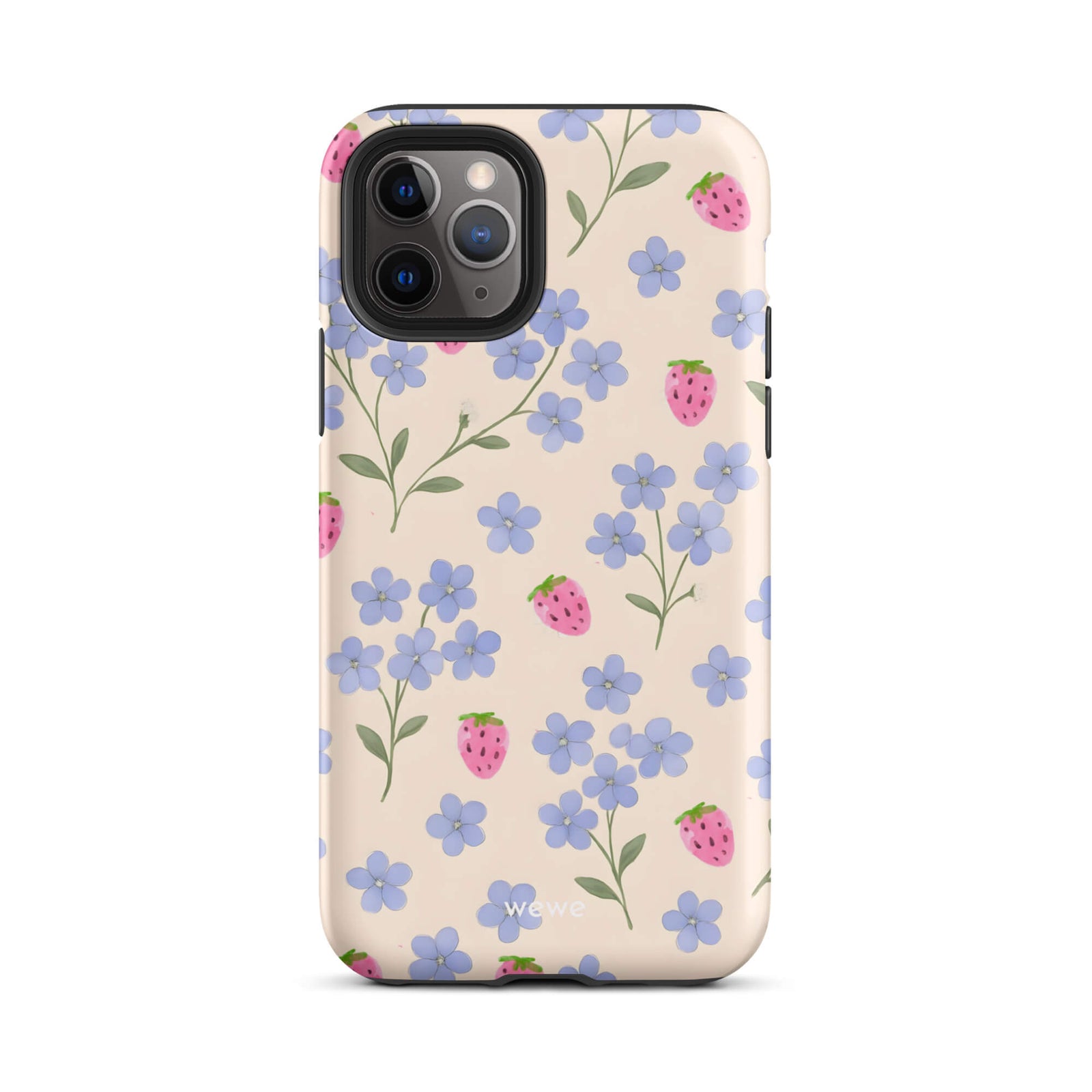 Custom iPhone case 11 pro with a cute and whimsical pattern of watercolor blue forget-me-not flowers and pink strawberries on a light cream background.