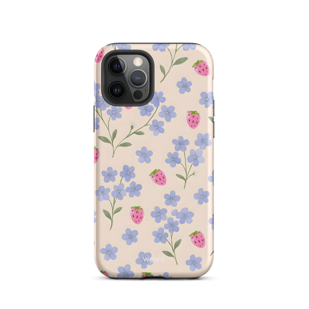 Custom iPhone case 12 pro with a cute and whimsical pattern of watercolor blue forget-me-not flowers and pink strawberries on a light cream background.