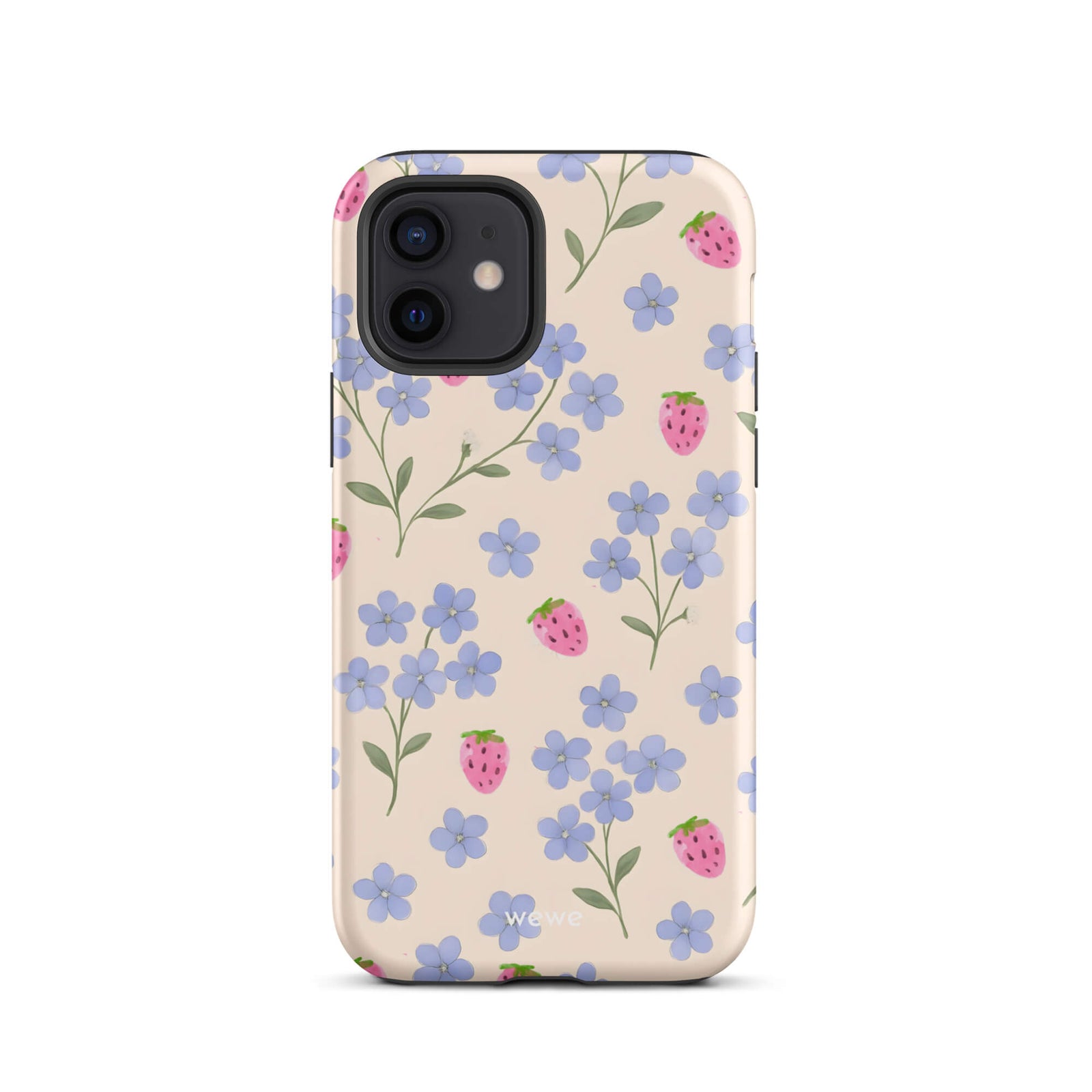Custom iPhone case 12 with a cute and whimsical pattern of watercolor blue forget-me-not flowers and pink strawberries on a light cream background.