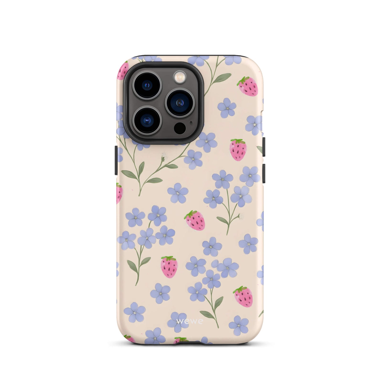 Custom iPhone case 13 pro with a cute and whimsical pattern of watercolor blue forget-me-not flowers and pink strawberries on a light cream background.