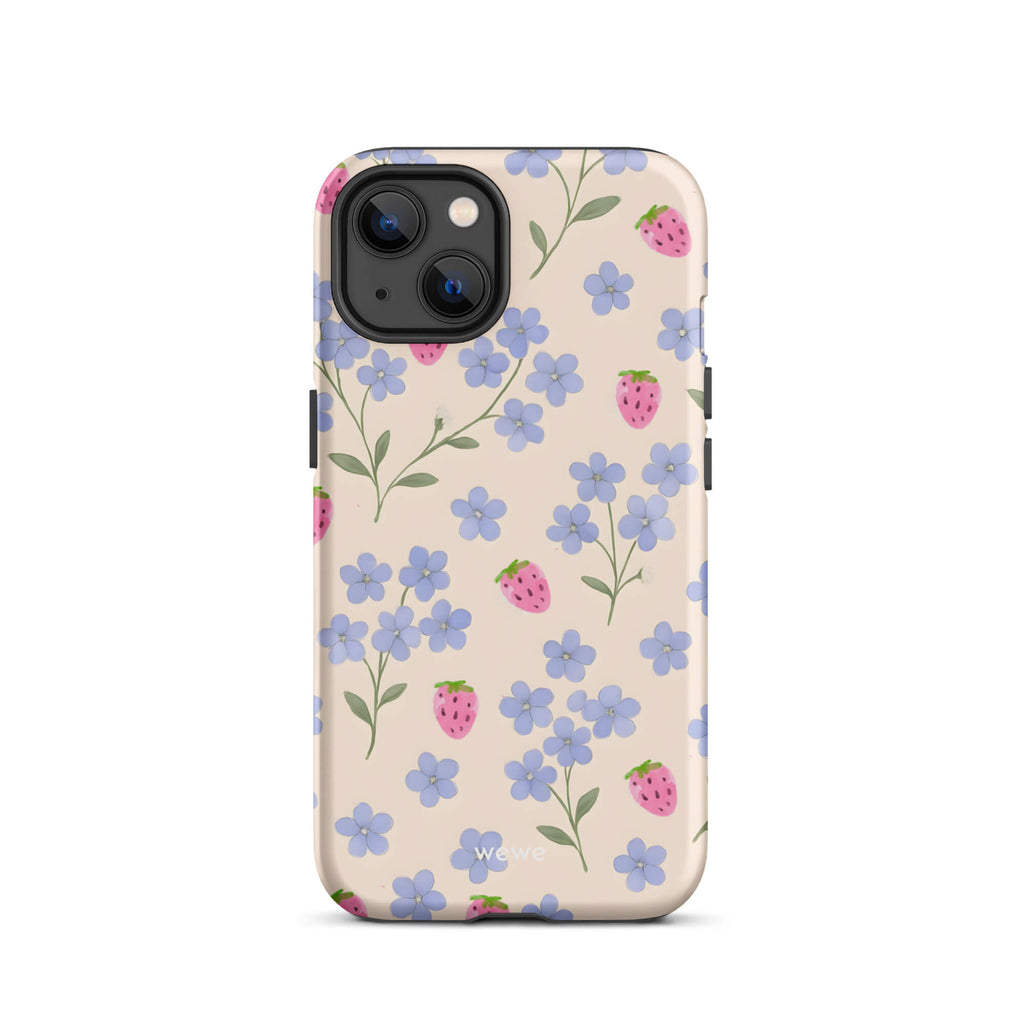Custom iPhone case 13 with a cute and whimsical pattern of watercolor blue forget-me-not flowers and pink strawberries on a light cream background.