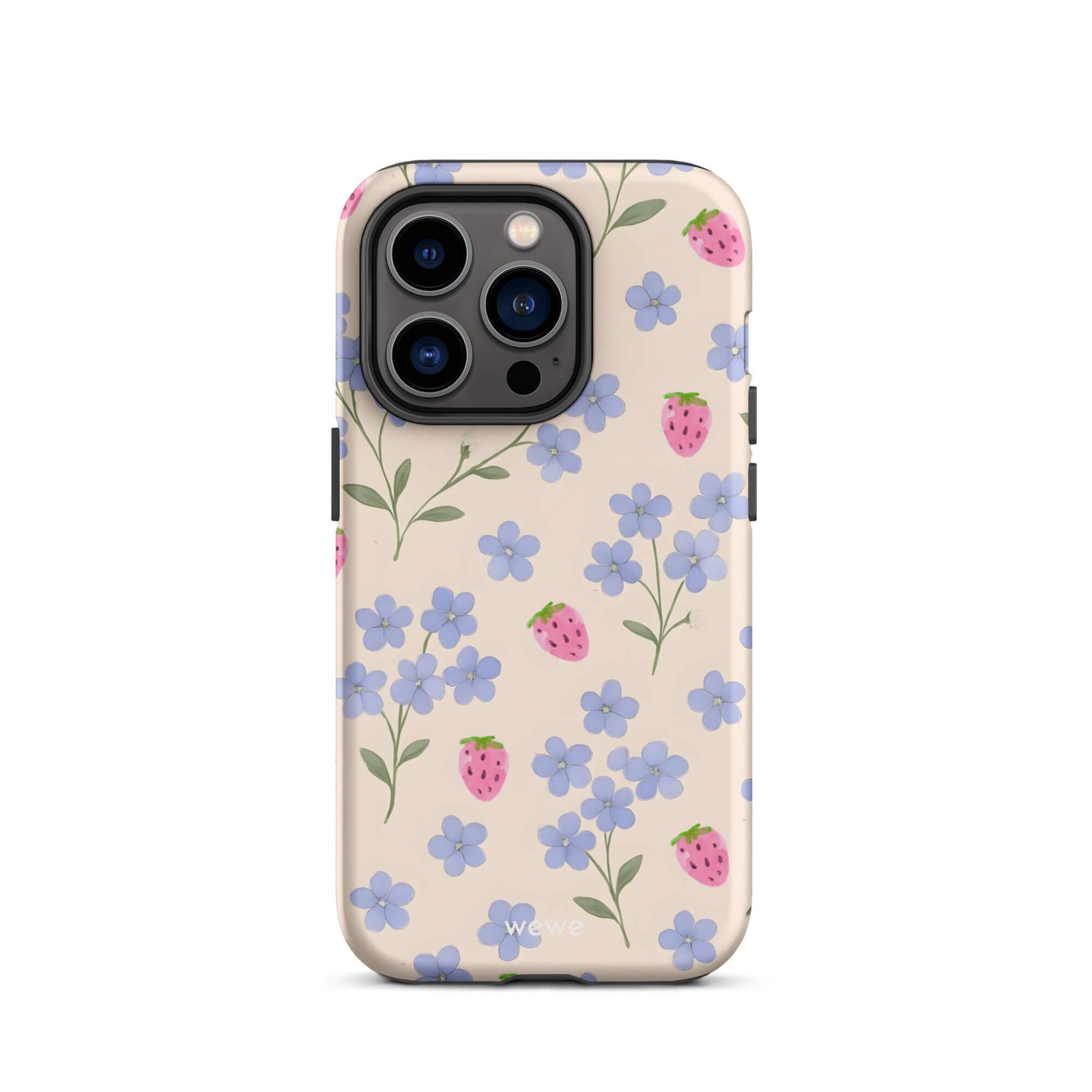 Custom iPhone case 14 pro with a cute and whimsical pattern of watercolor blue forget-me-not flowers and pink strawberries on a light cream background.