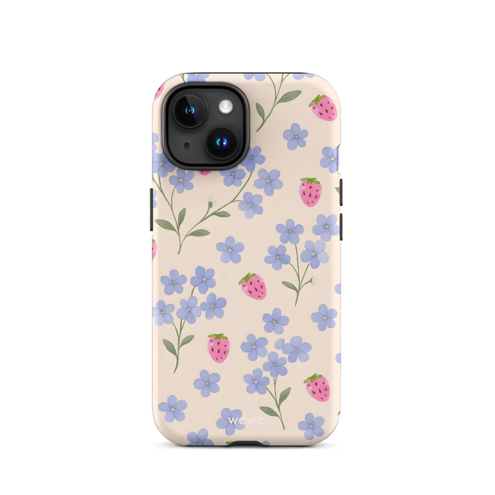 Custom iPhone case 15 with a cute and whimsical pattern of watercolor blue forget-me-not flowers and pink strawberries on a light cream background.