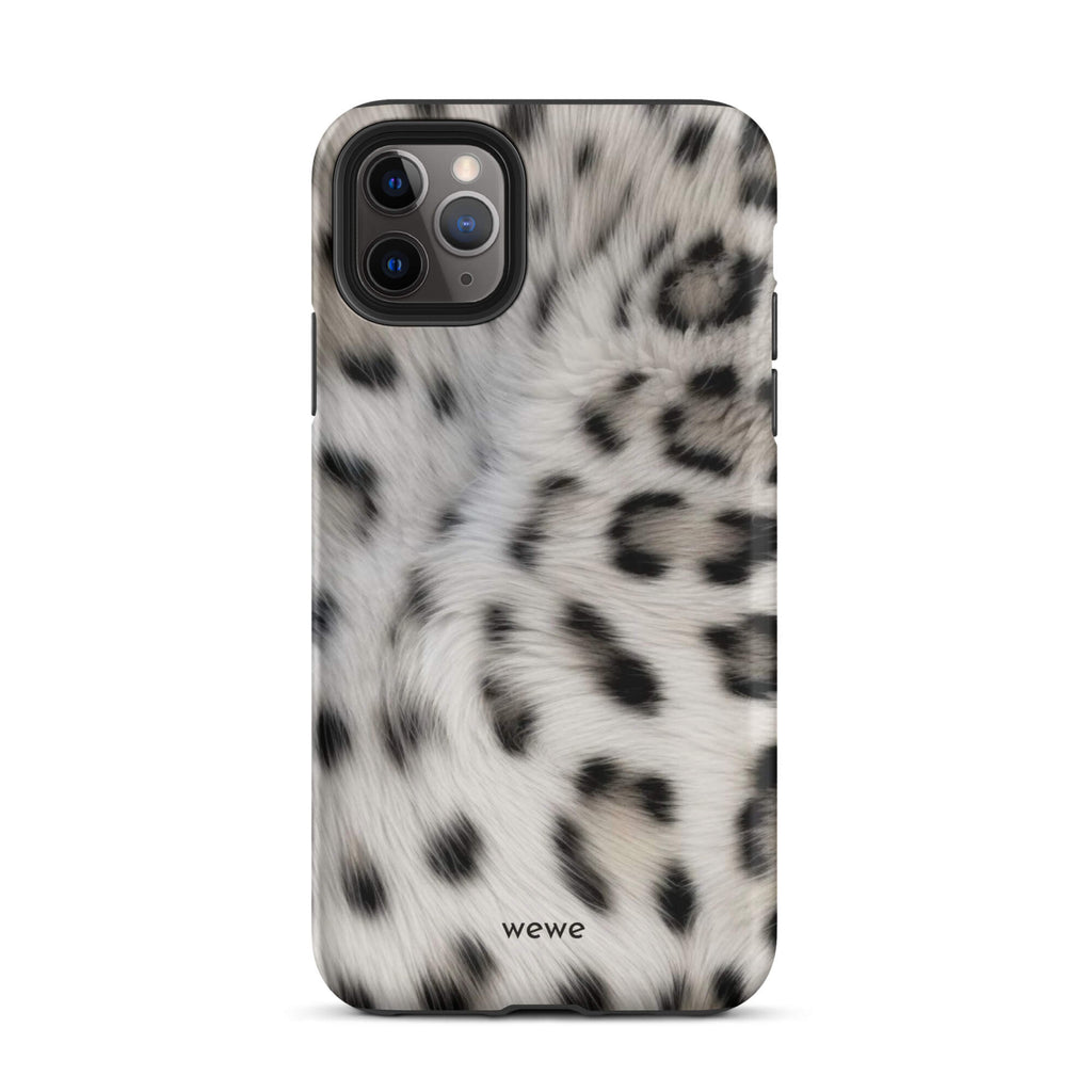 Soft-white iPhone case with black and charcoal snow-leopard spots in a flowing fur-effect pattern