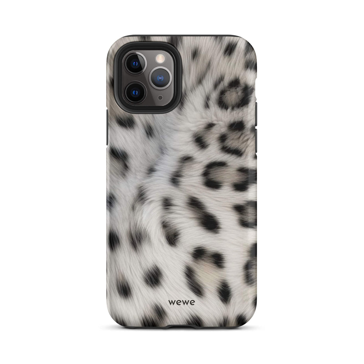 Soft-white iPhone case with black and charcoal snow-leopard spots in a flowing fur-effect pattern