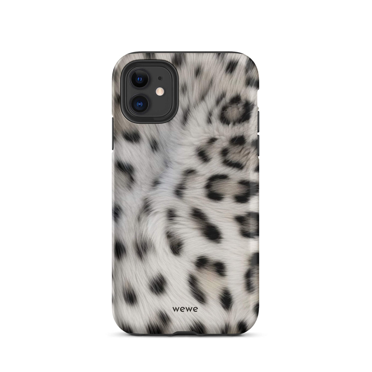 Soft-white iPhone case with black and charcoal snow-leopard spots in a flowing fur-effect pattern