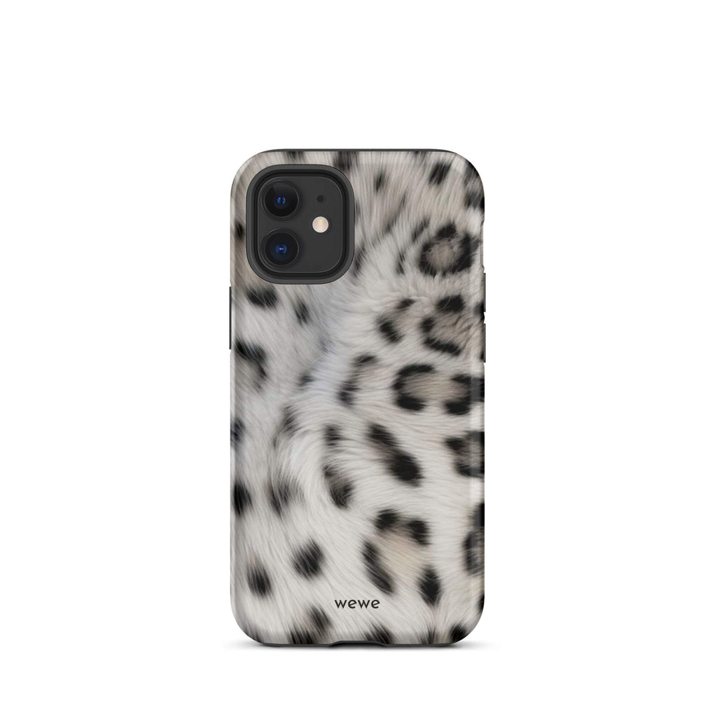 Soft-white iPhone case with black and charcoal snow-leopard spots in a flowing fur-effect pattern