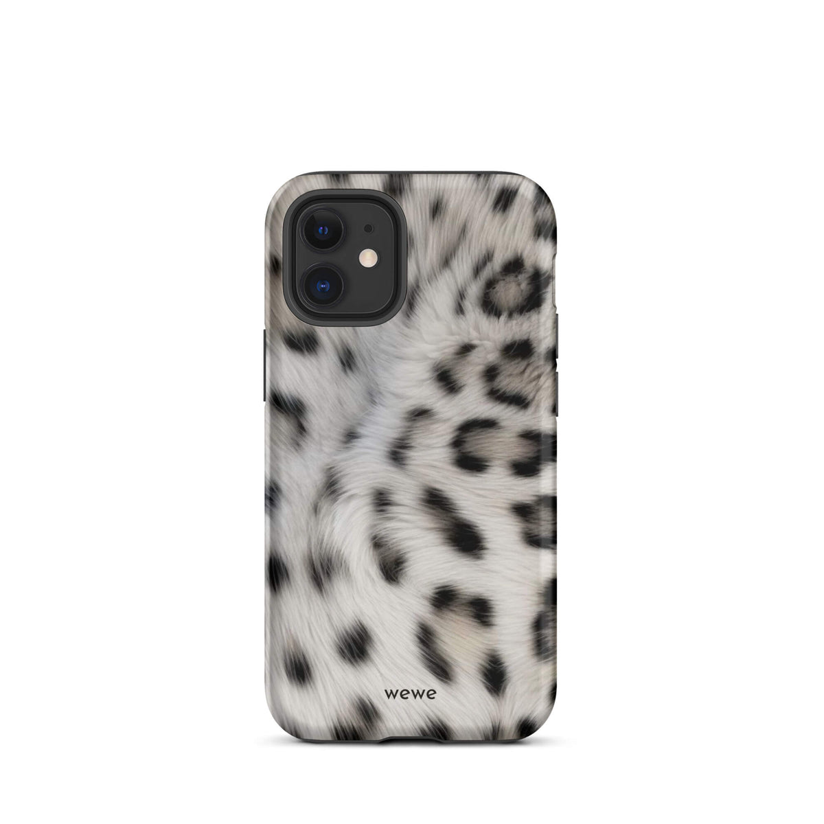Soft-white iPhone case with black and charcoal snow-leopard spots in a flowing fur-effect pattern