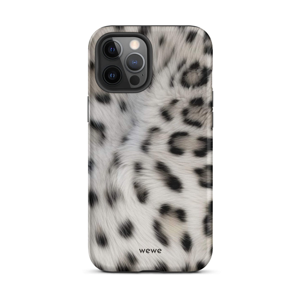Soft-white iPhone case with black and charcoal snow-leopard spots in a flowing fur-effect pattern